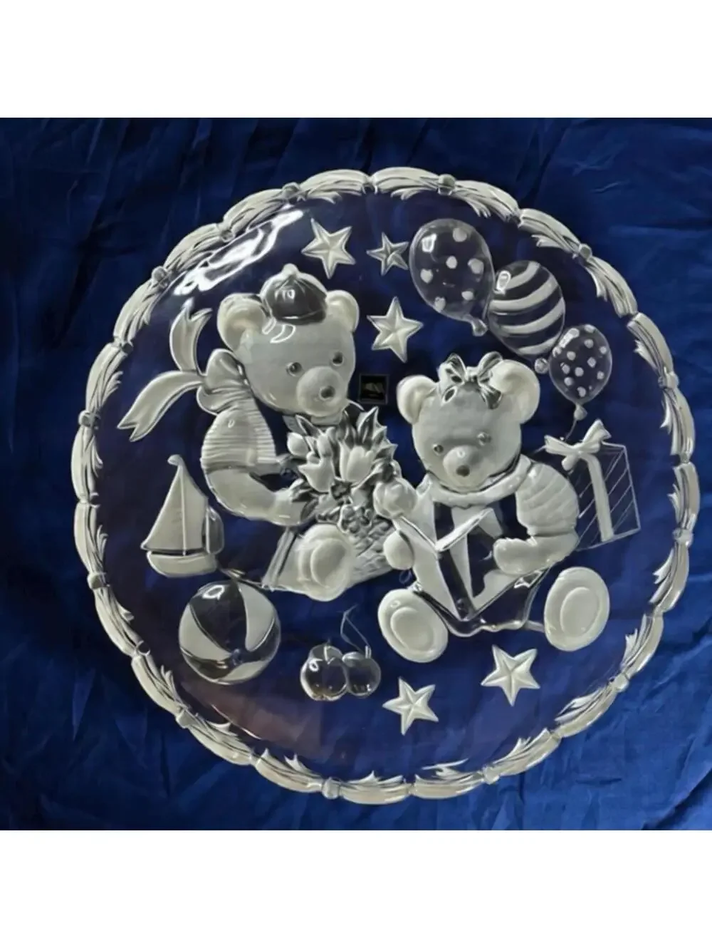 Vintage Glass Serving Plate with Adorable Teddy Bear Design